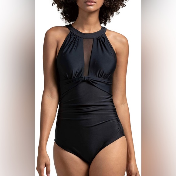Tempt Me Other - Tempt me Black One Piece High Neck Swimsuit Mesh Ruched Tummy Control Re…